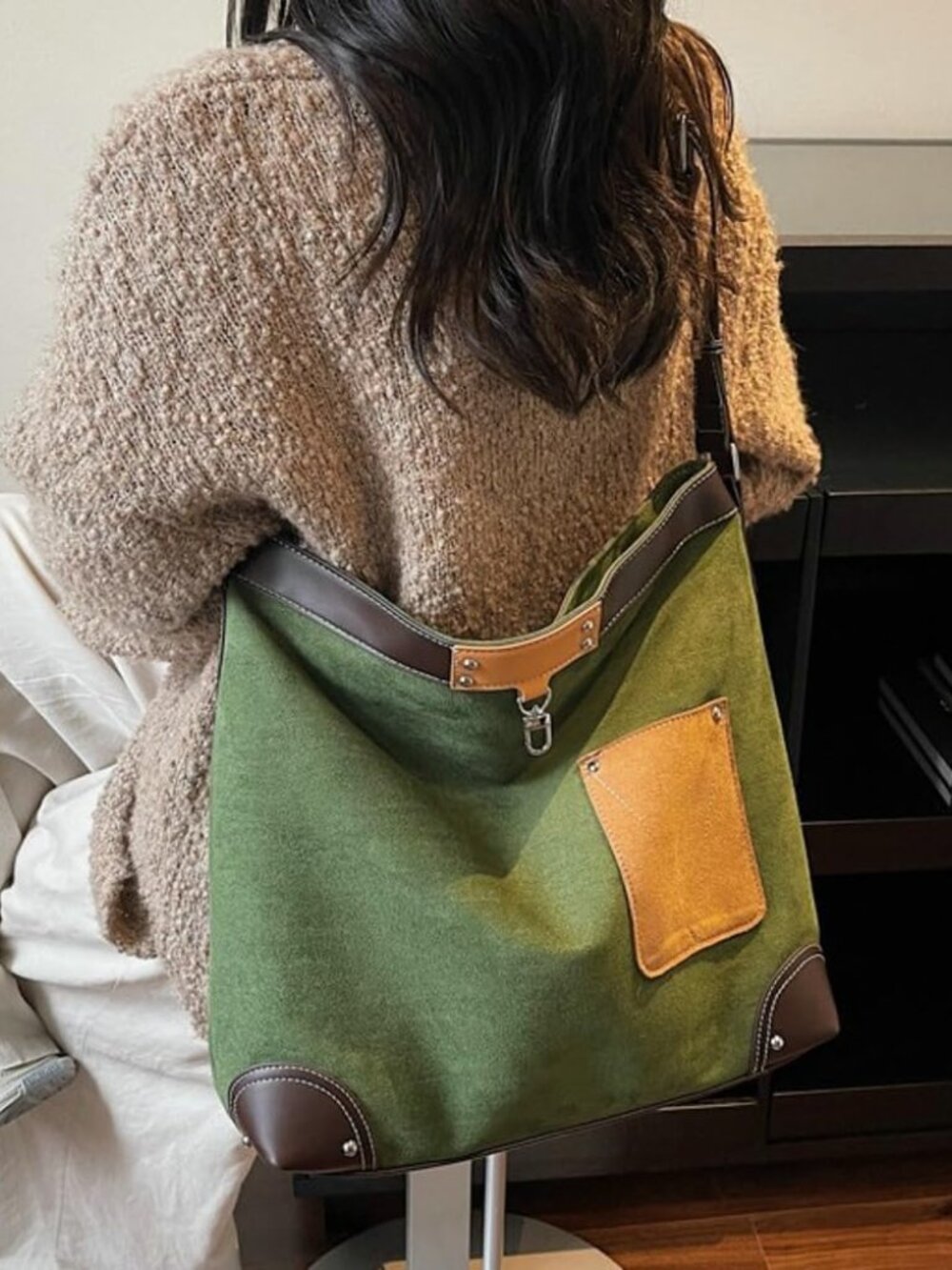 Green Canvas Shoulder Bag with Brown Leather Accents - Picture 2 of 7